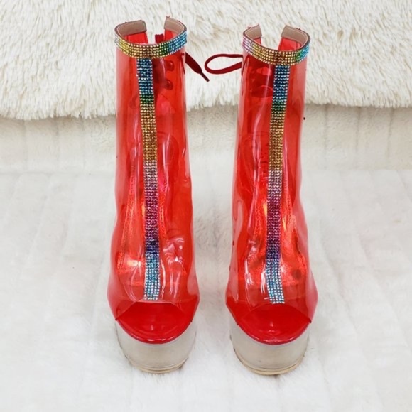 Clear Red Platform Heels With Rhinestone Trim - Picture 5 of 6